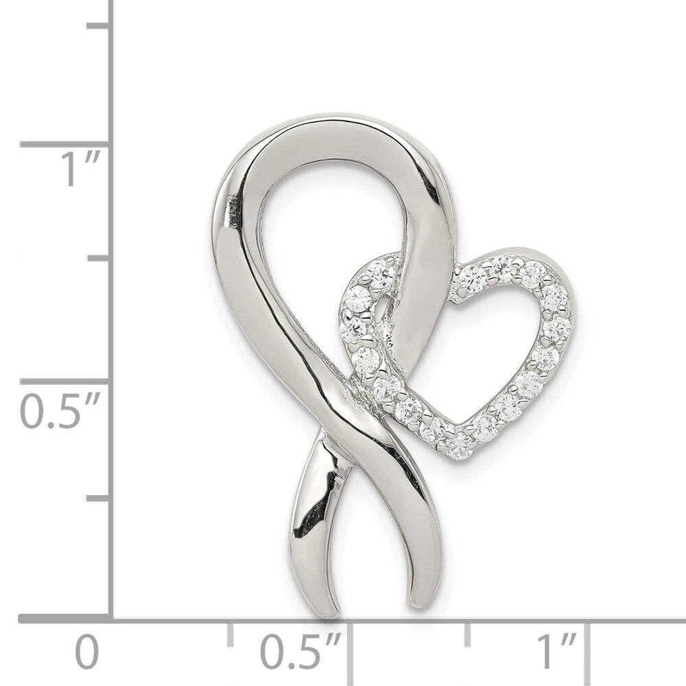 Sterling Silver Cubic Zirconia Heart/Breast Cancer Ribbon Chain Slide