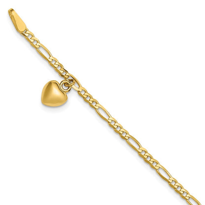 14k Yellow Gold Figaro Link Chain with Dangling Puffed Heart 10 inch Anklet