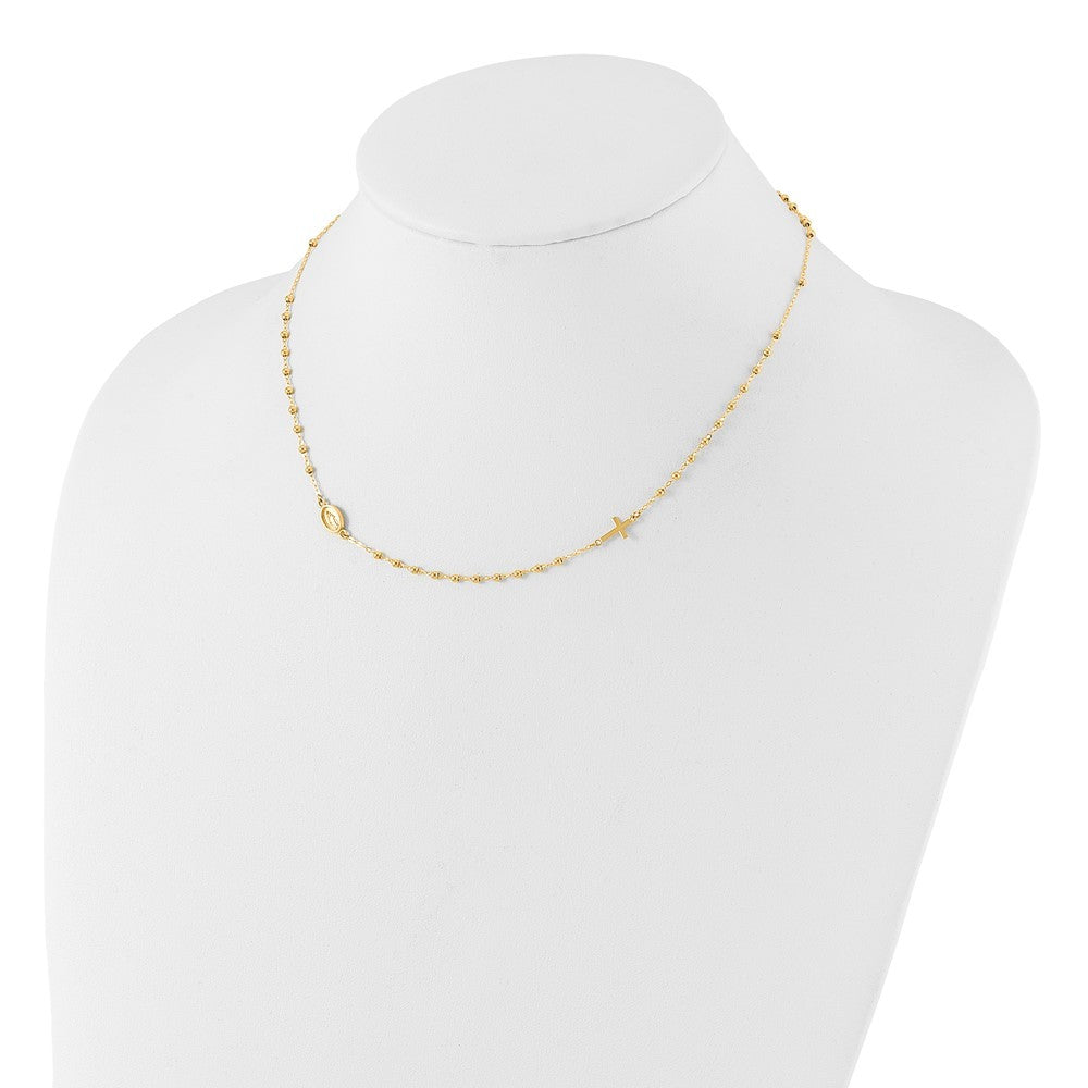 14k Yellow Gold  Miraculous Medal and Cross Beaded Rosary Design 16.5" Necklace
