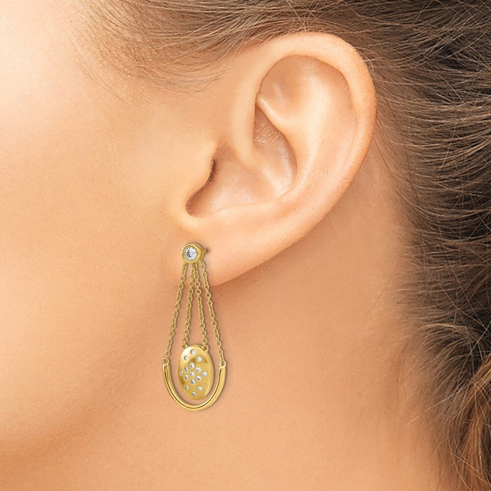 14k Yellow Gold Satin/Polished Diamond Oval w/Chain Dangle Earrings