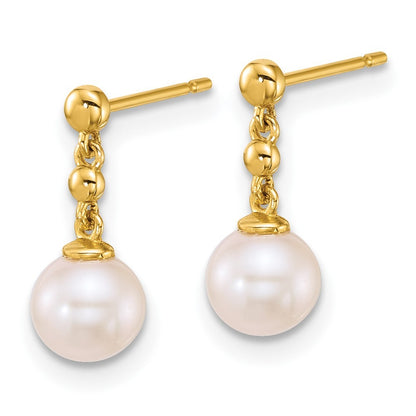 14k Yellow Gold Polished 6-7mm Round Freshwater Cultured Pearl Dangle Earrings
