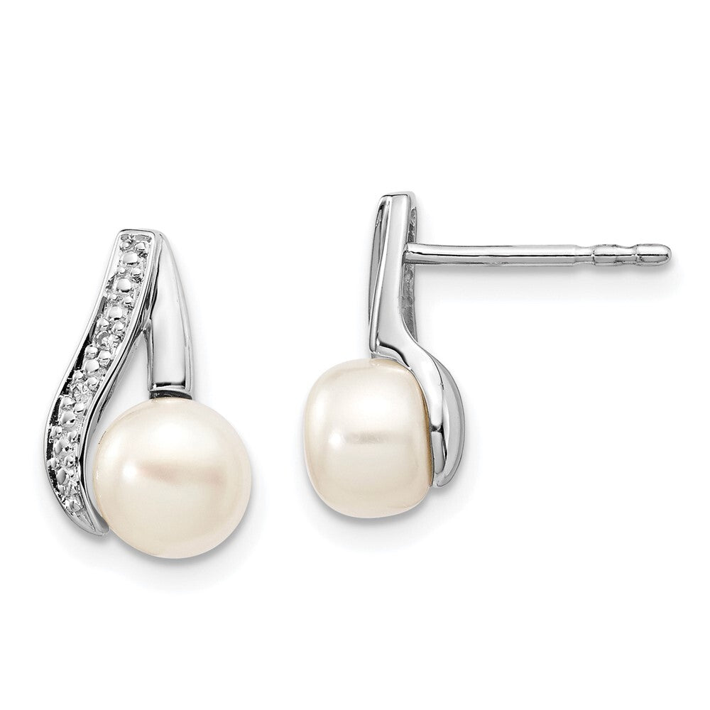 14k White Gold 6-7mm Button FWC Pearl .02ct Diamond Drop & Dangle Earrings