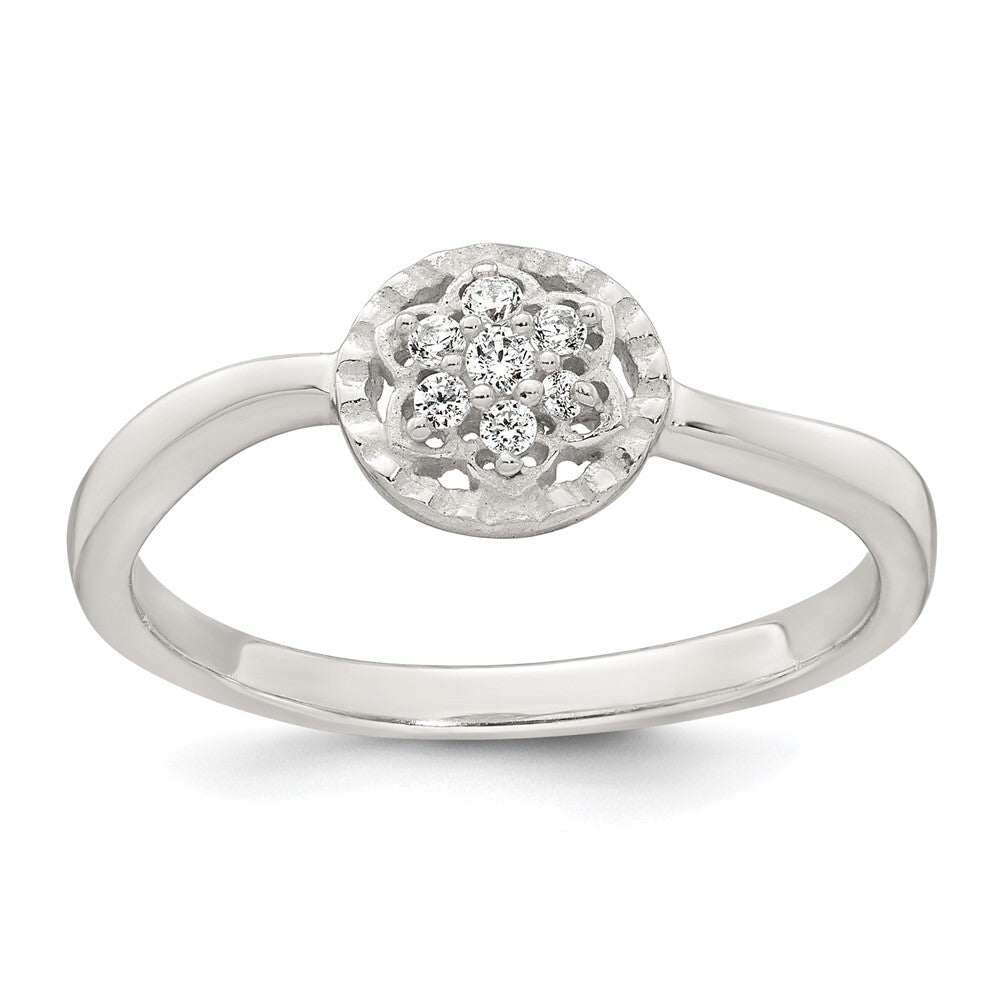 Sterling Silver Polished and Grooved CZ Flower Ring Size 8