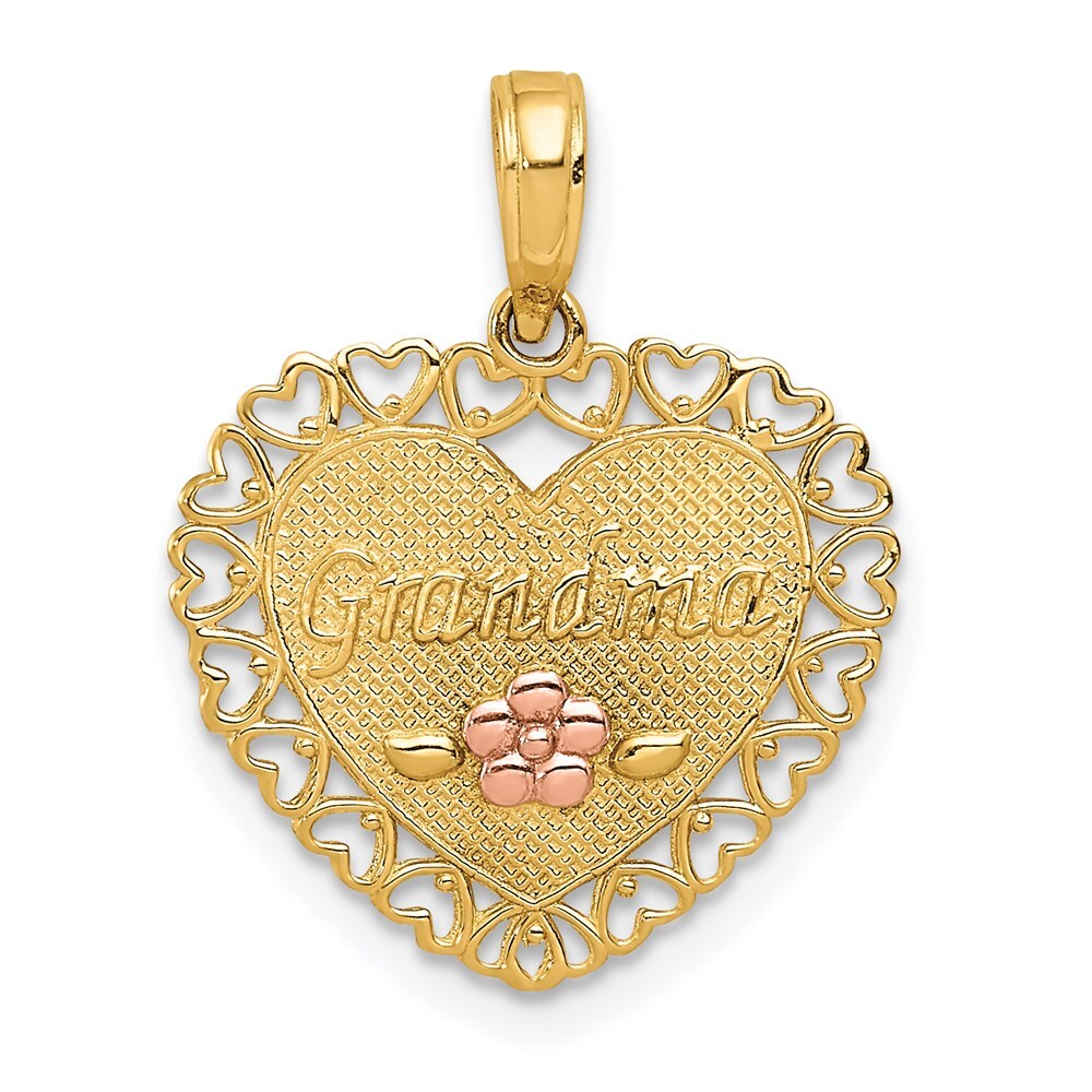 14k Two-tone Gold GRANDMA Heart Flower Charm Pendant for Women