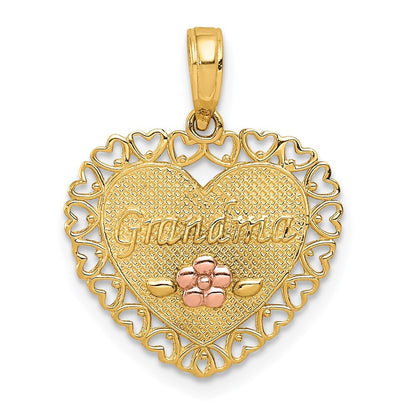 14k Two-tone Gold GRANDMA Heart Flower Charm Pendant for Women