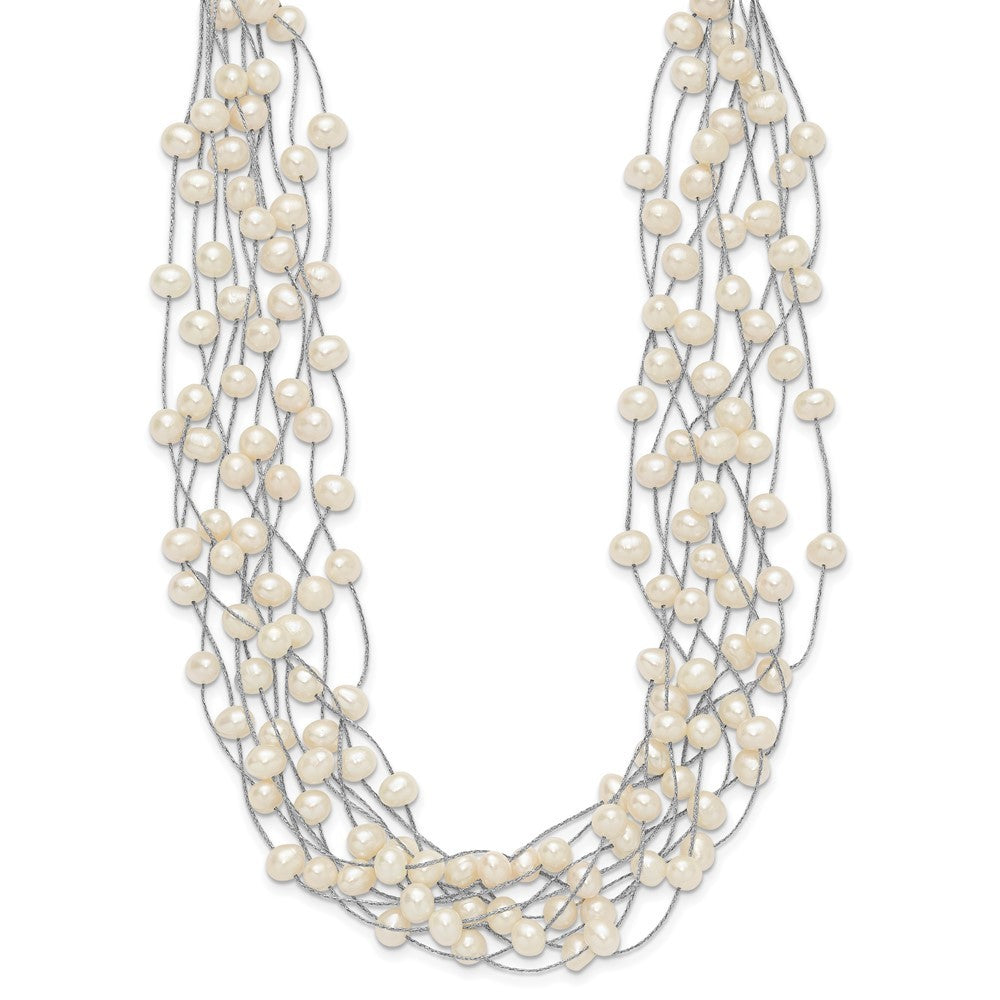 Sterling Silver 6-8mm White Semi-Round Cultured Pearl Multi Strand 15" Necklace