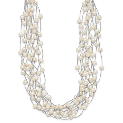 Sterling Silver 6-8mm White Semi-Round Cultured Pearl Multi Strand 15" Necklace