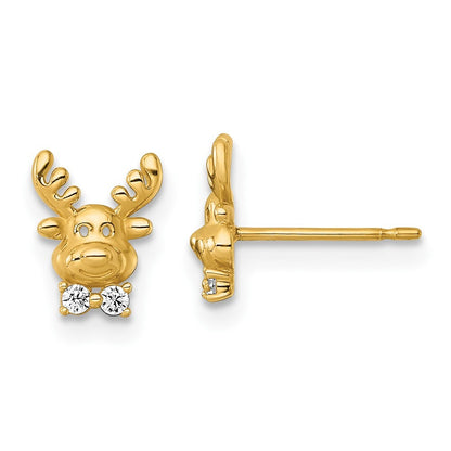 14k Yellow Gold Polished Cubic Zirconia Reindeer Stud Earrings Gift for Women