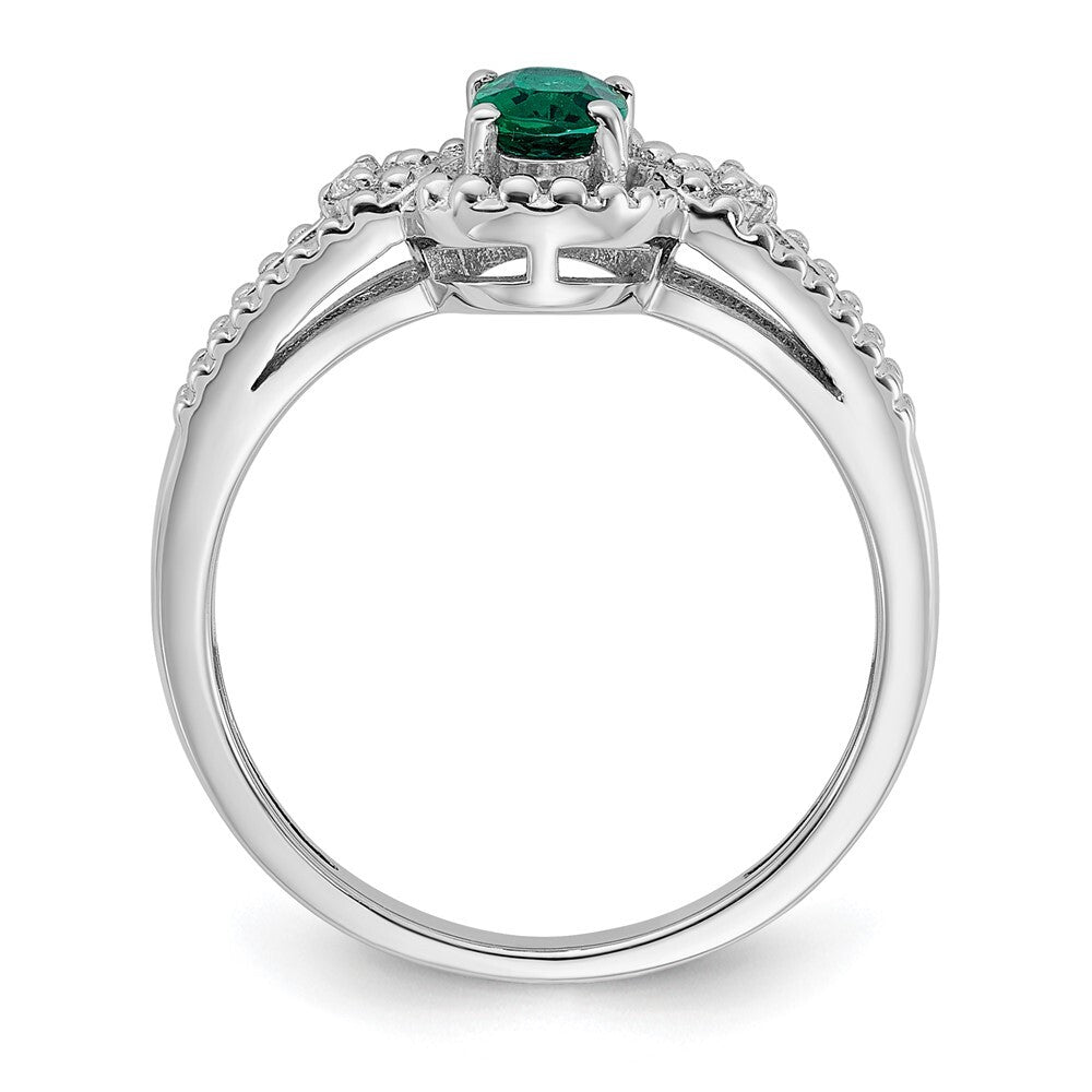 Sterling Silver Rhodium-plated Created Emerald & Diamond Ring