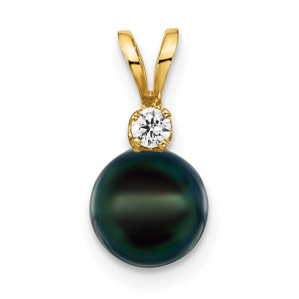 14k Yellow Gold 7mm Black Akoya Saltwater Cultured Pearl and Diamond Pendant