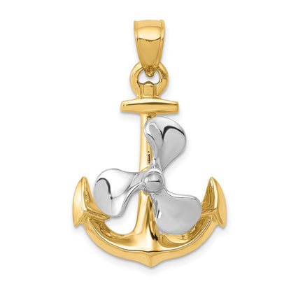 14k Two-Tone Gold 3-D Anchor w Moveable Propeller Pendant