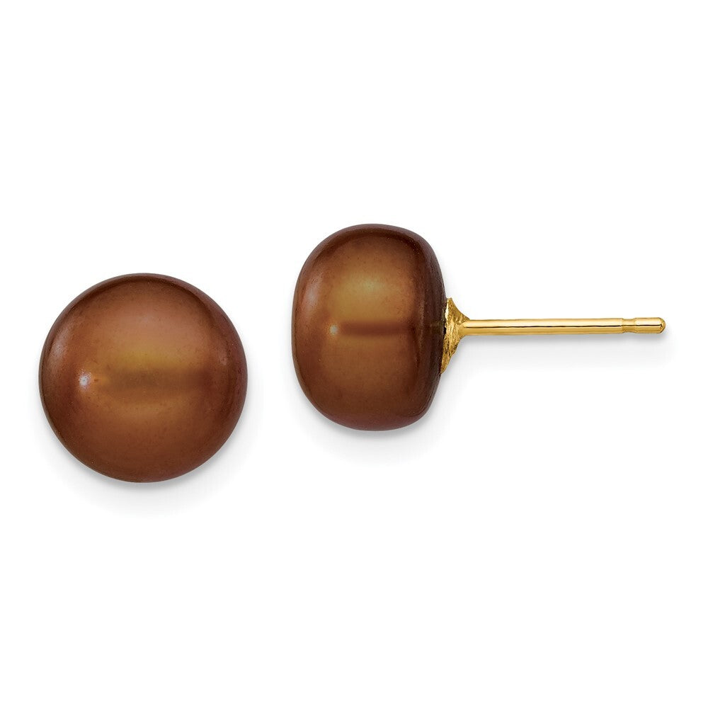 14k Yellow Gold 8-9mm Brown Button Freshwater Cultured Pearl Stud Earrings