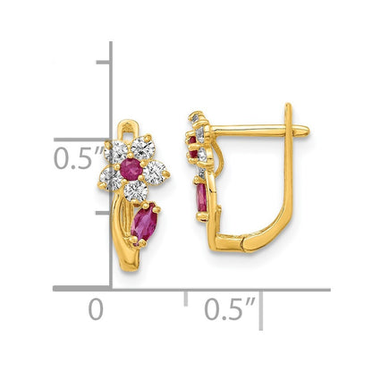 14k Yellow Gold Red & Clear Cubic Zirconia Flower Hinged Stud Earrings