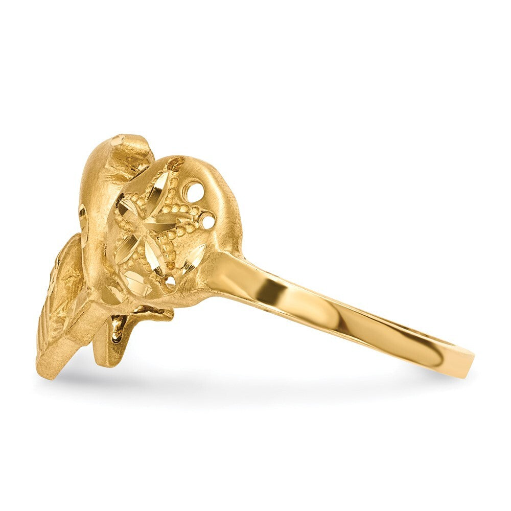 14K Yellow Gold Satin Diamond-cut Dolphin Starfish Shell Sand Dollar Ring Size 7