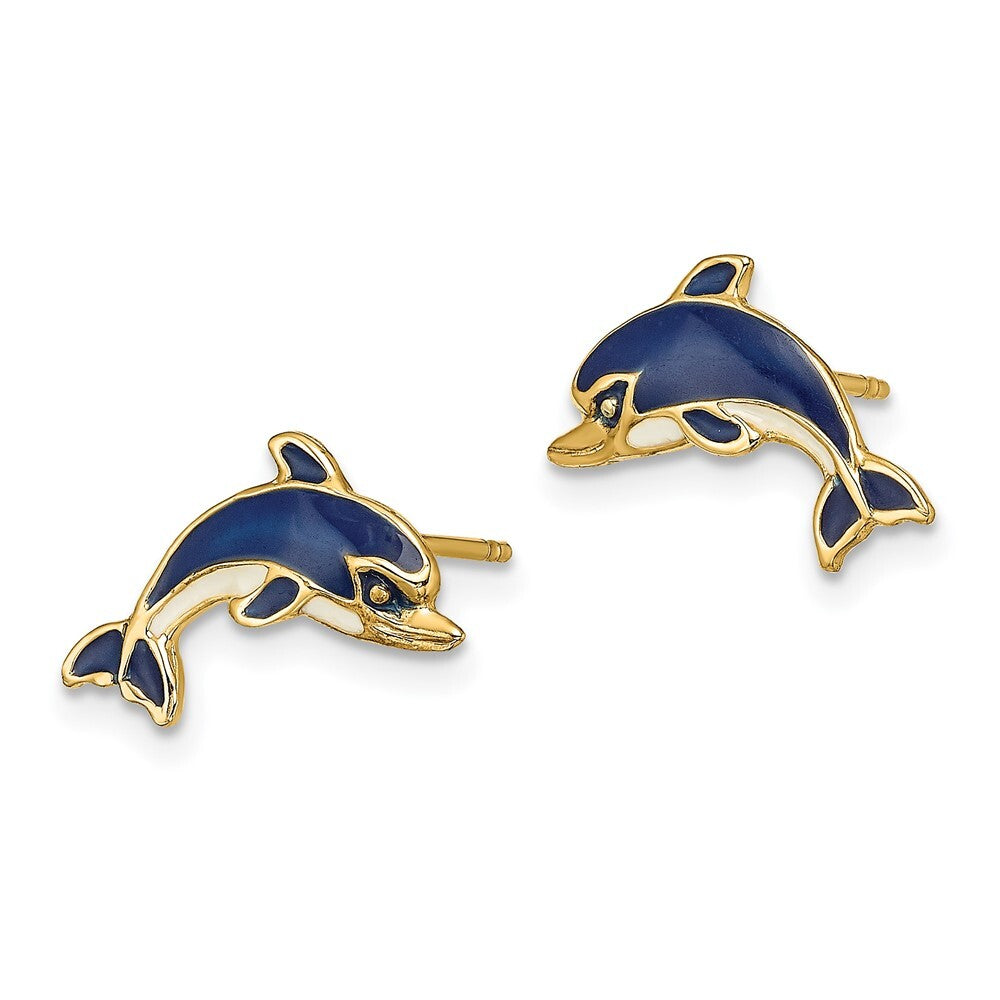 14k Yellow Gold Blue and White Enamel Dolphin Stud Earrings Gift for Women