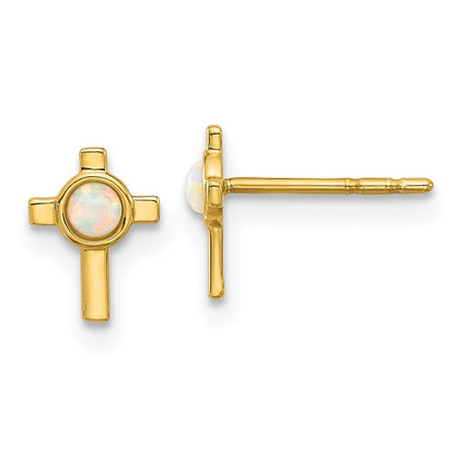 14k Yellow Gold Created Opal Cross Earrings