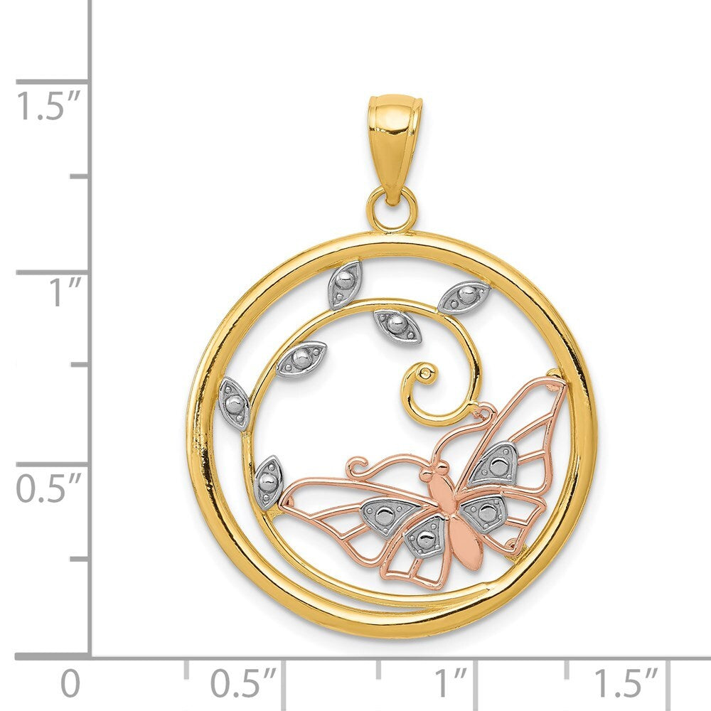 14k Two-tone Gold White Rhodium Butterfly in Circle Pendant for Women