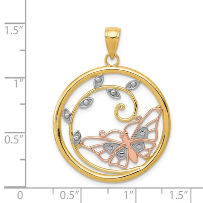 14k Two-tone Gold White Rhodium Butterfly in Circle Pendant for Women