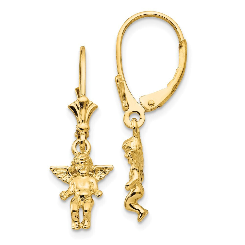 14k Yellow Gold Angel Dangle Earrings Leverback Gift for Women
