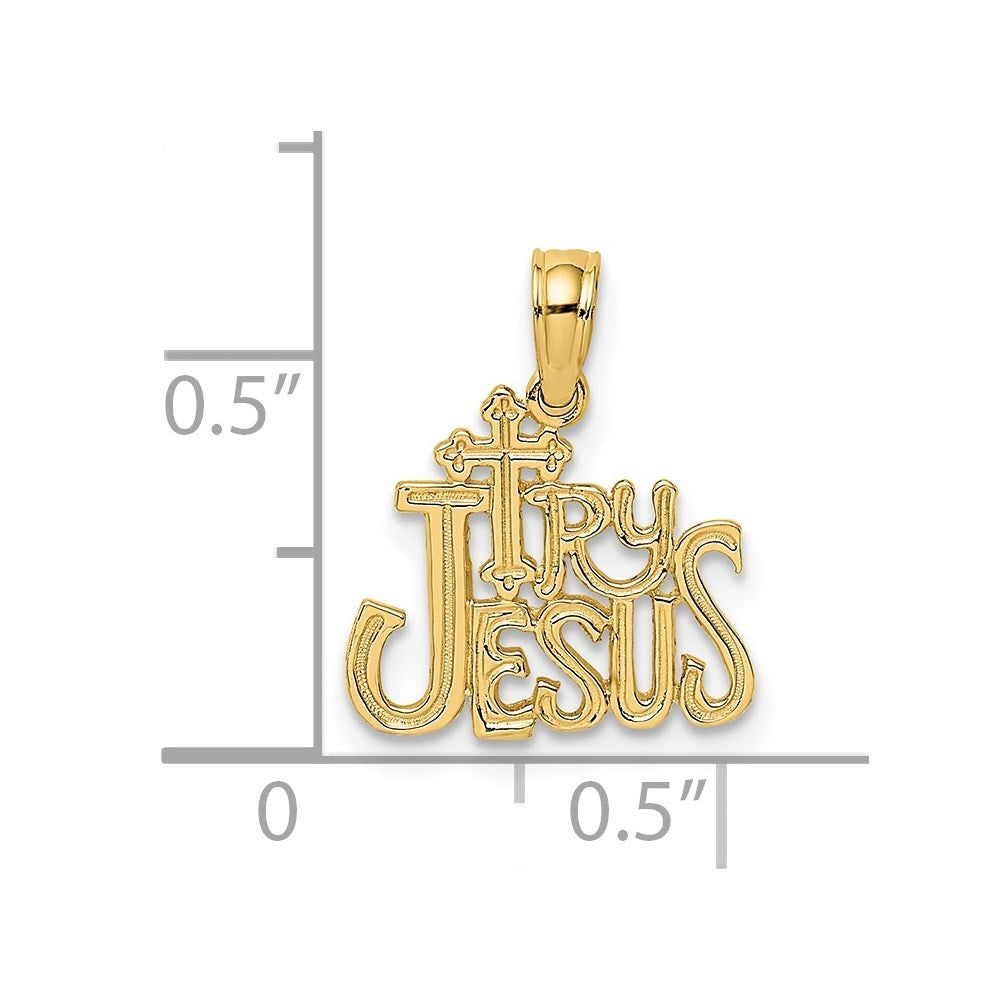 14k Yellow Gold Polished and Engraved TRY JESUS Charm