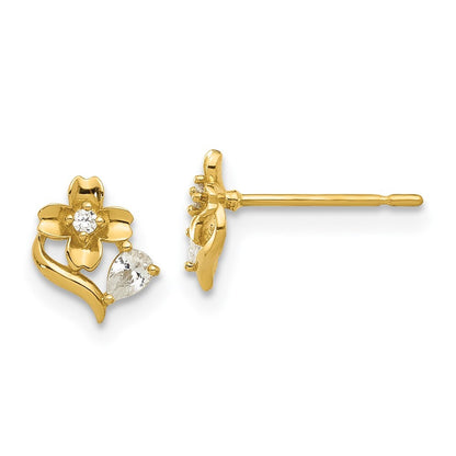 14k Yellow Gold Polished Cubic Zirconia Flower Stud Earrings Gift for Women