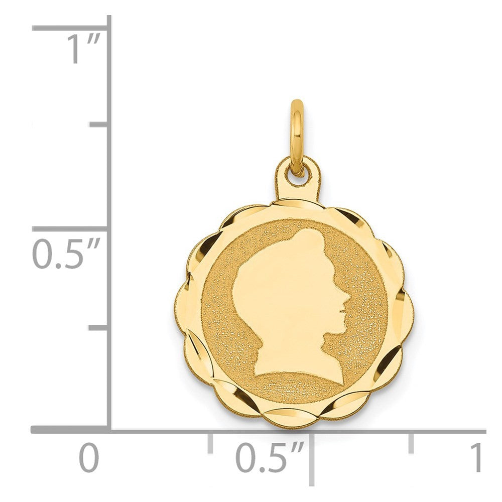 14k Yellow Gold Boy Head on .018 Gauge Engravable Scalloped Disc Charm Pendant