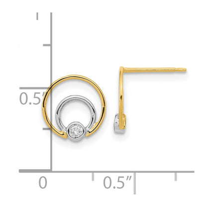 14k Yellow Gold Polished Rhodium Cubic Zirconia Double Circle Stud Earrings