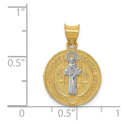 14k Yellow Gold With Rhodium Circle St. Benedict Medal Pendant