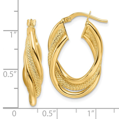 14k Yellow Gold Polished Textured & Intertwined Oval Hoop Earrings