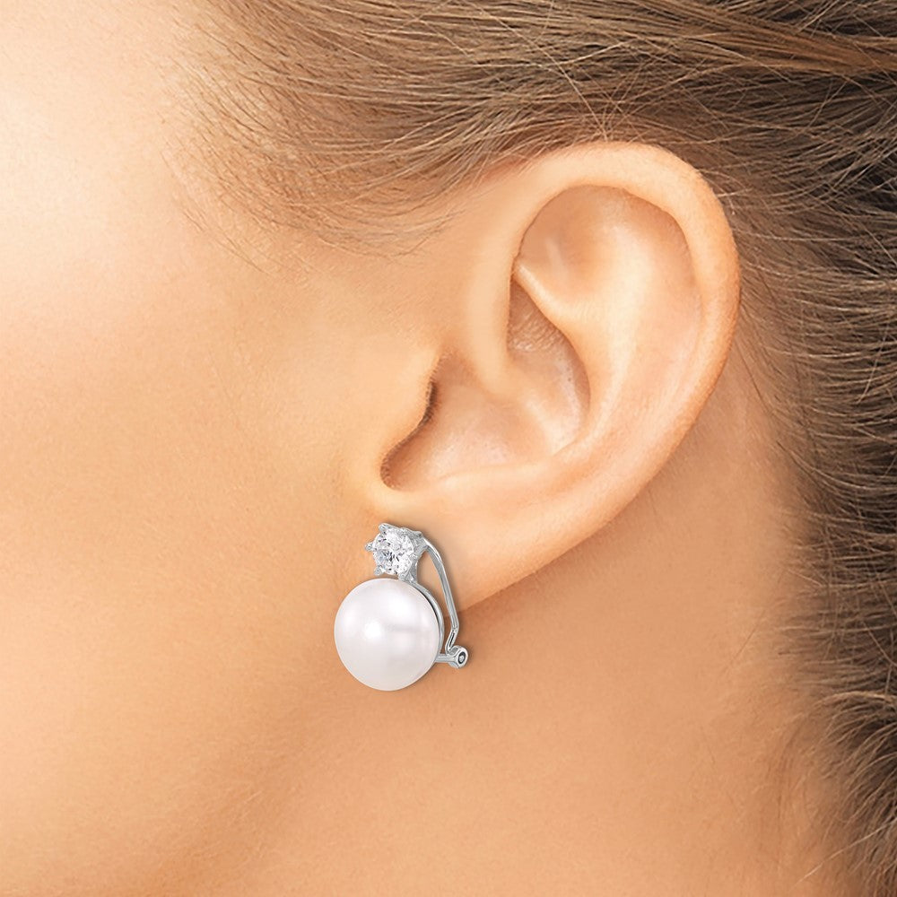 Sterling Silver 12-13mm Freshwater Cultured Pearl and CZ Omega Back Earrings