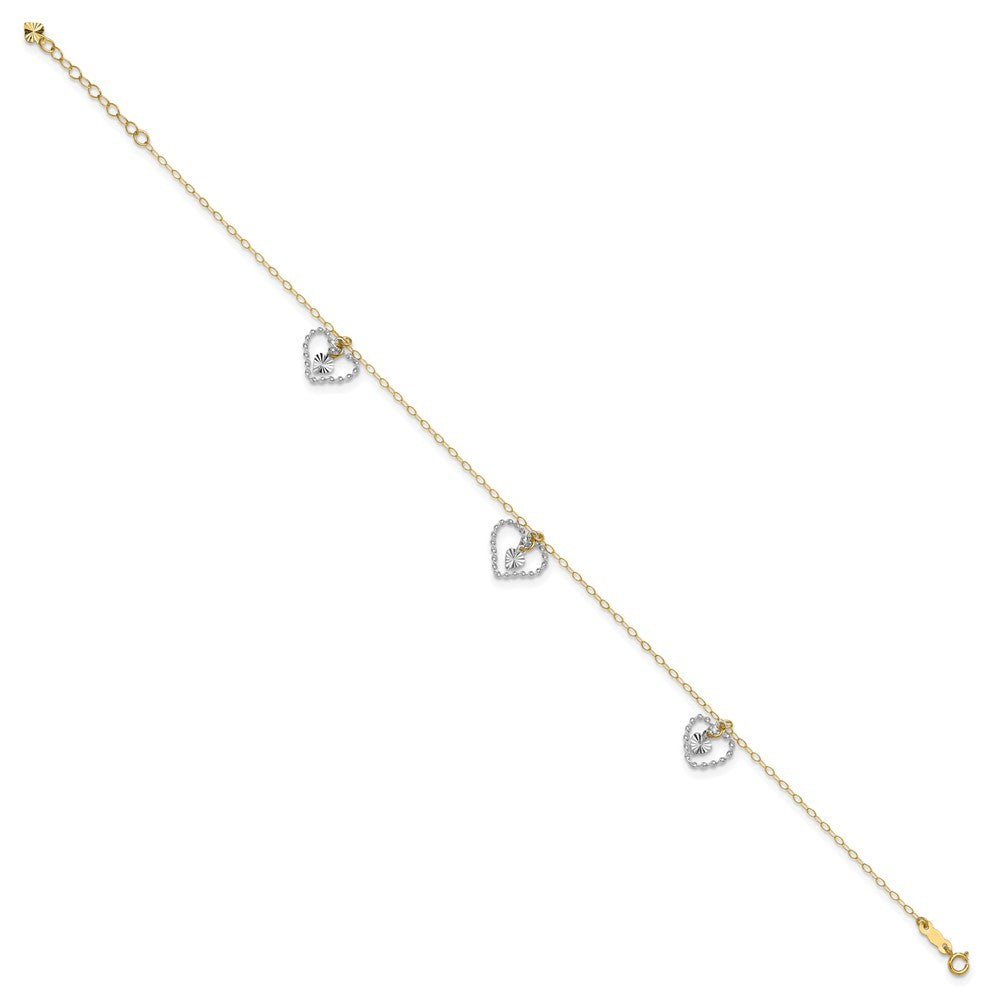 14K Two-tone Twisted Diamond-cut 3 Heart Dangles 10" Anklet