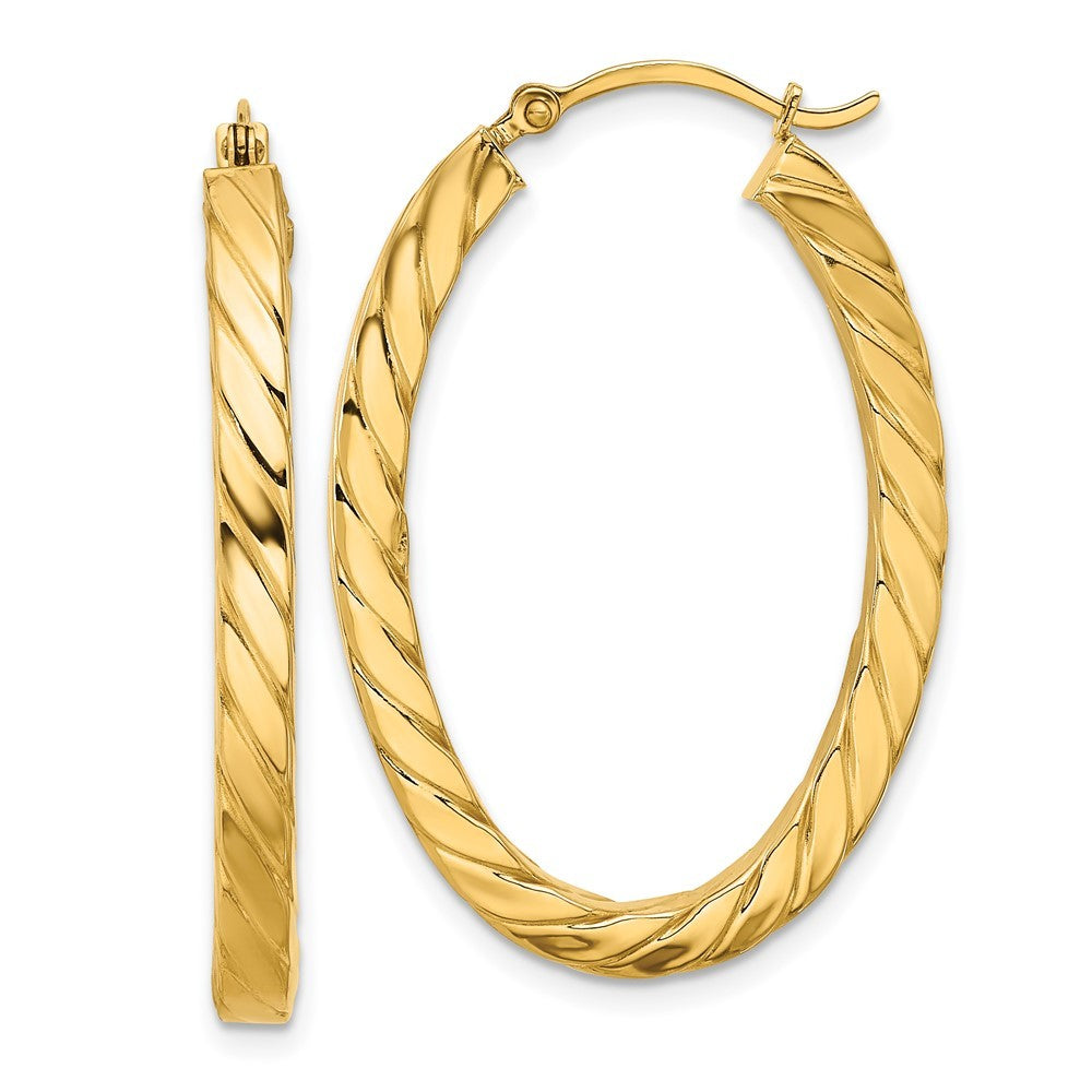 14k Yellow Gold Polished & Twisted 3mm Square Tube Oval Hoop Earrings