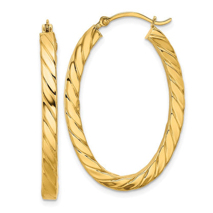 14k Yellow Gold Polished & Twisted 3mm Square Tube Oval Hoop Earrings