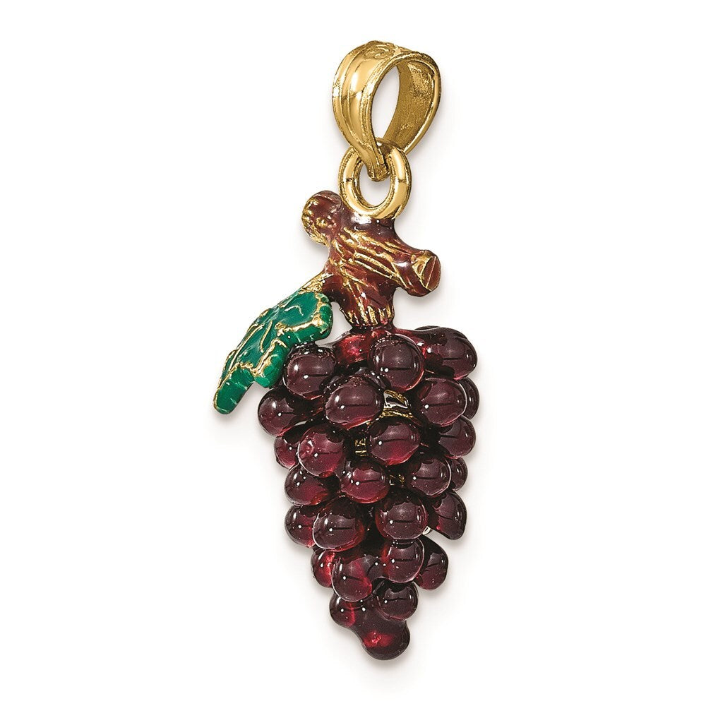 14k Yellow Gold 3-D ENAMEL PURPLE GRAPES STEM & LEAF Pendant for Women