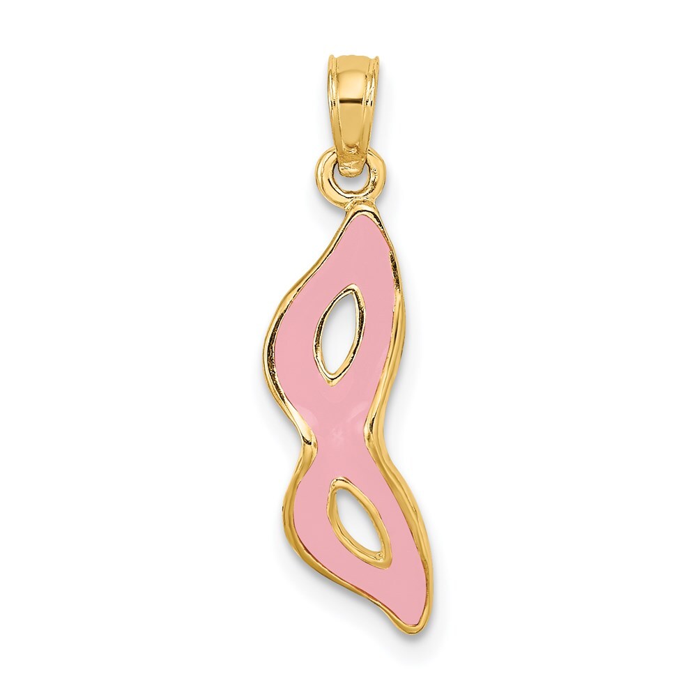 14k Yellow Gold 3-D and Beveled Pink Enamel Masquerade Mask Pendant for Women