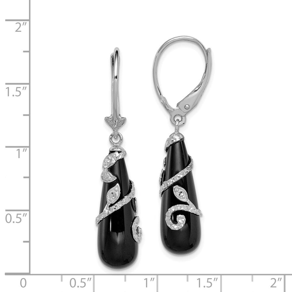 Sterling Silver Polished & Diamond-cut Wrapped Onyx Teardrop Dangle Earrings