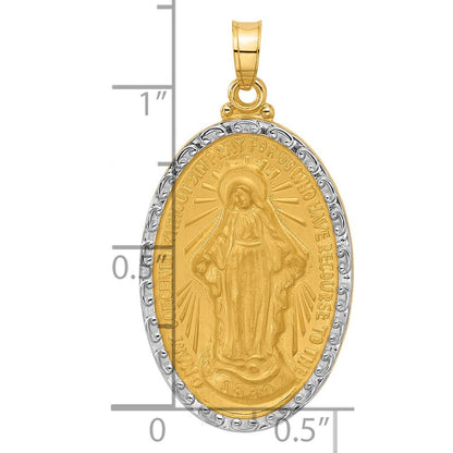 14k Yellow Gold with Rhodium Satin Polished Miraculous Medal Solid Oval Pendant