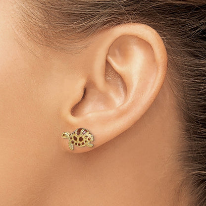 14k Yellow Gold Brown Enamel Turtle Stud Earrings Gift for Women