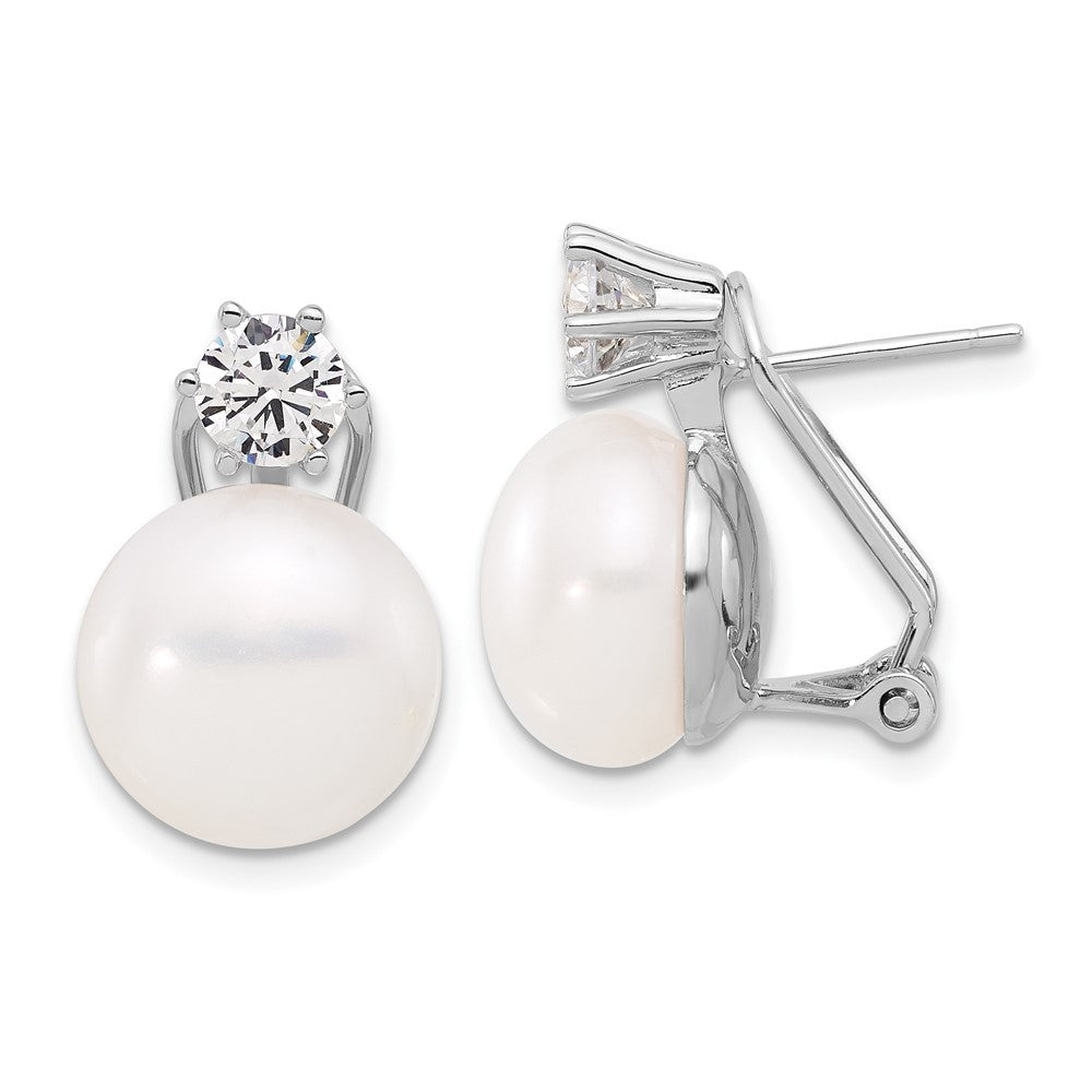 Sterling Silver 12-13mm Freshwater Cultured Pearl and CZ Omega Back Earrings