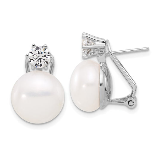 Sterling Silver 12-13mm Freshwater Cultured Pearl and CZ Omega Back Earrings