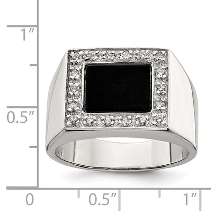 Sterling Silver Rhodium-plated Men's Cubic Zirconia & Onyx Ring Size 9