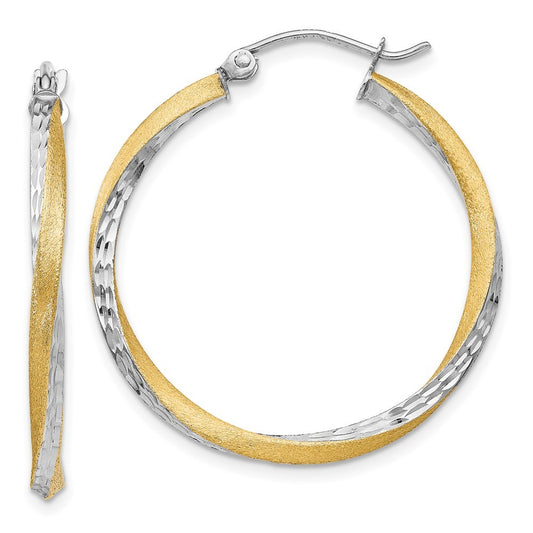14k Yellow Gold & Rhodium Diamond-cut 2.5mm Twisted Hoop Earrings