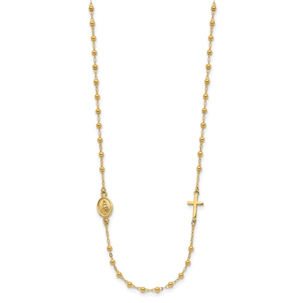 14k Yellow Gold  Miraculous Medal and Cross Beaded Rosary Design 16.5" Necklace