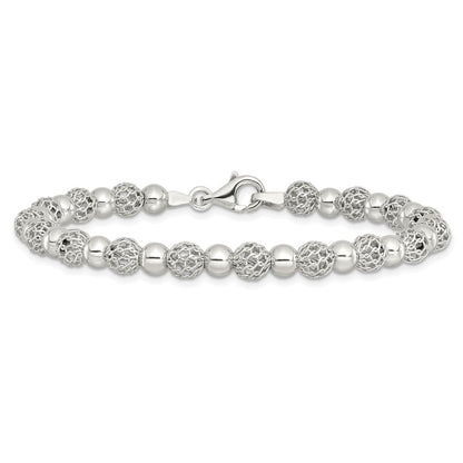 Sterling Silver Rhodium-plated Polished Beaded 7.5in Bracelet