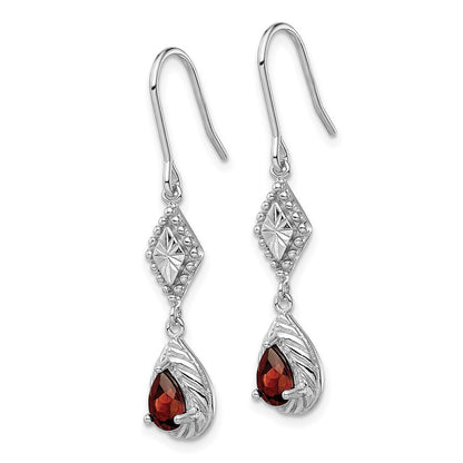 Sterling Silver Diamond-cut Textured Red Cubic Zirconia Teardrop Dangle Earrings