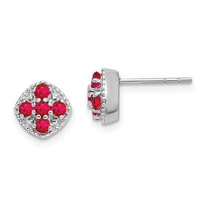 Sterling Silver Rhodium-plated Ruby Flower Earrings
