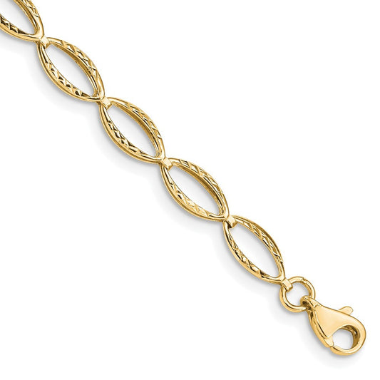 14k Yellow Gold Polished Textured Oval Link 7.25 inch Bracelet
