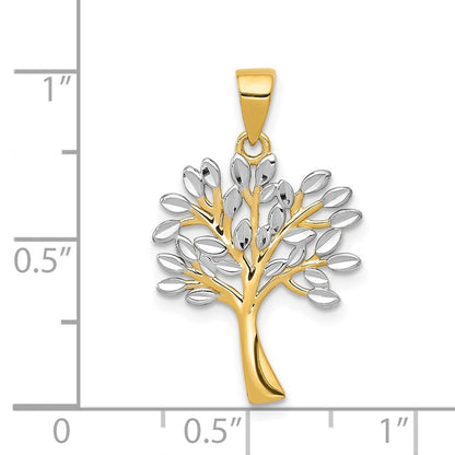 14k Yellow Gold Rhodium Diamond Cut Tree Pendant