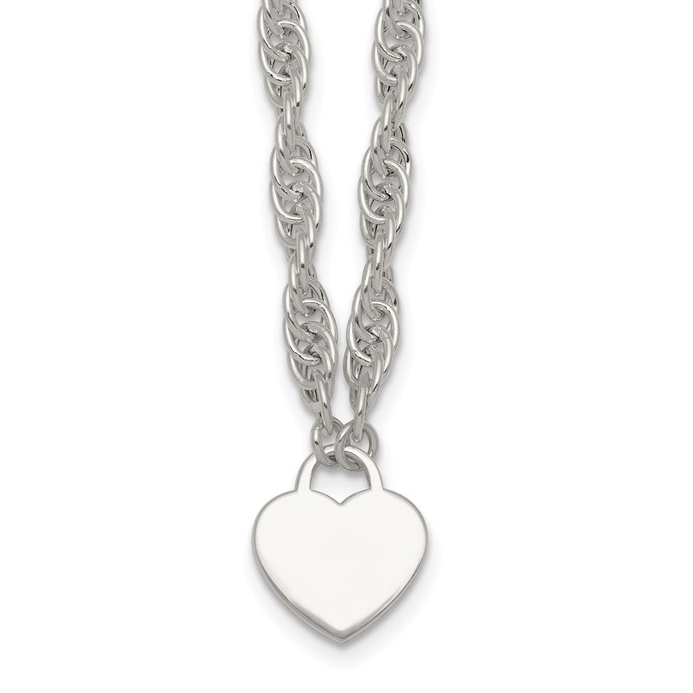 Sterling Silver Polished Fancy Heart Disc on Rope Chain Necklace Necklace 16+2"
