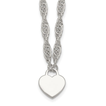 Sterling Silver Polished Fancy Heart Disc on Rope Chain Necklace Necklace 16+2"